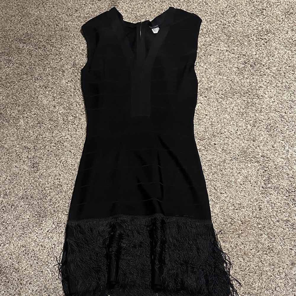 VENUS Black Mini Dress with Fringe Detail